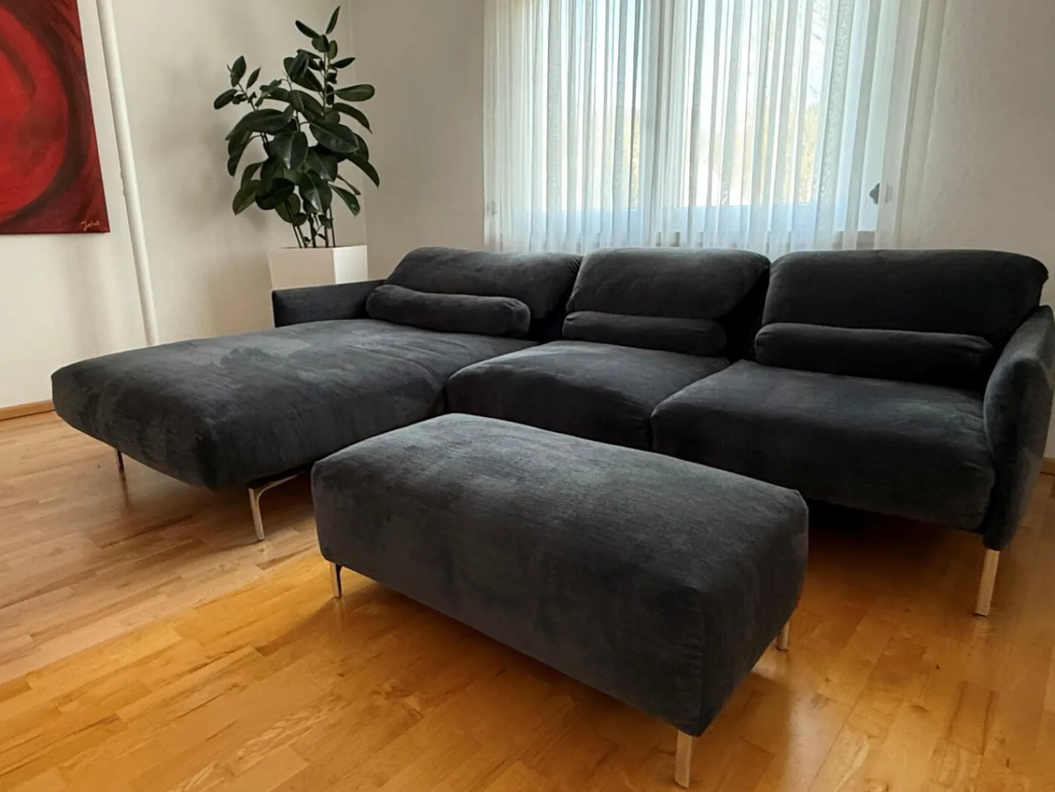 COR Ecksofas|Ecksofa Avalanche Stoff 8145 Dunkelgrau mit 3 Lendenrollen und einem Hocker