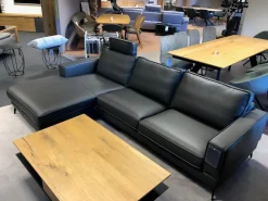 DFM Ecksofas|Ecksofa Beluga Leder WM Anthrazit Metallfüße Schwarz mit Kopfstütze