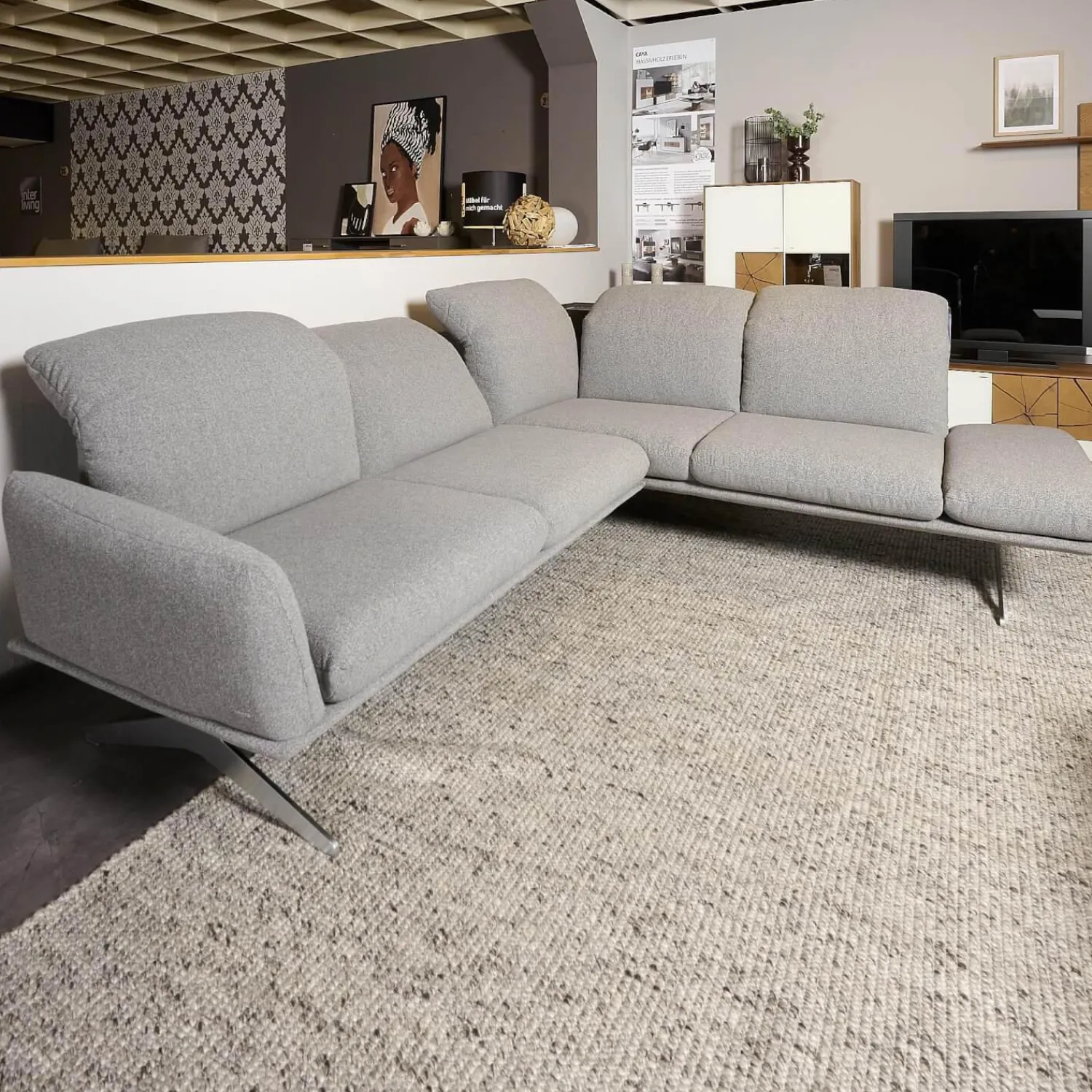 Koinor Ecksofas|Ecksofa Calmo Stoff Clever Clean 13-Educa 93 Grau Fuß Kufe Nr 1 Nickel Satiniert