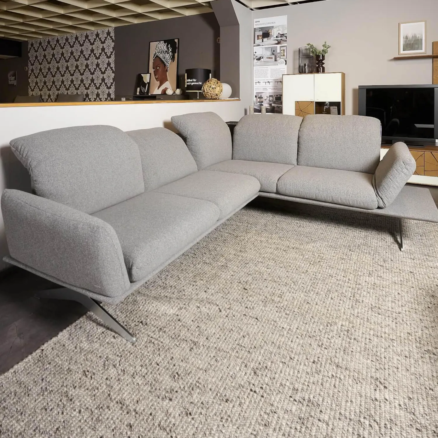 Koinor Ecksofas|Ecksofa Calmo Stoff Clever Clean 13-Educa 93 Grau Fuß Kufe Nr 1 Nickel Satiniert