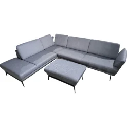 Gruber Ecksofas|Ecksofa Caruba Stoff Elsass Blau Gestell Aluminium Füße Pulverbeschichtet Aluminium Schwarz Mit Manuellen Verstellungen Inklusive Hocker