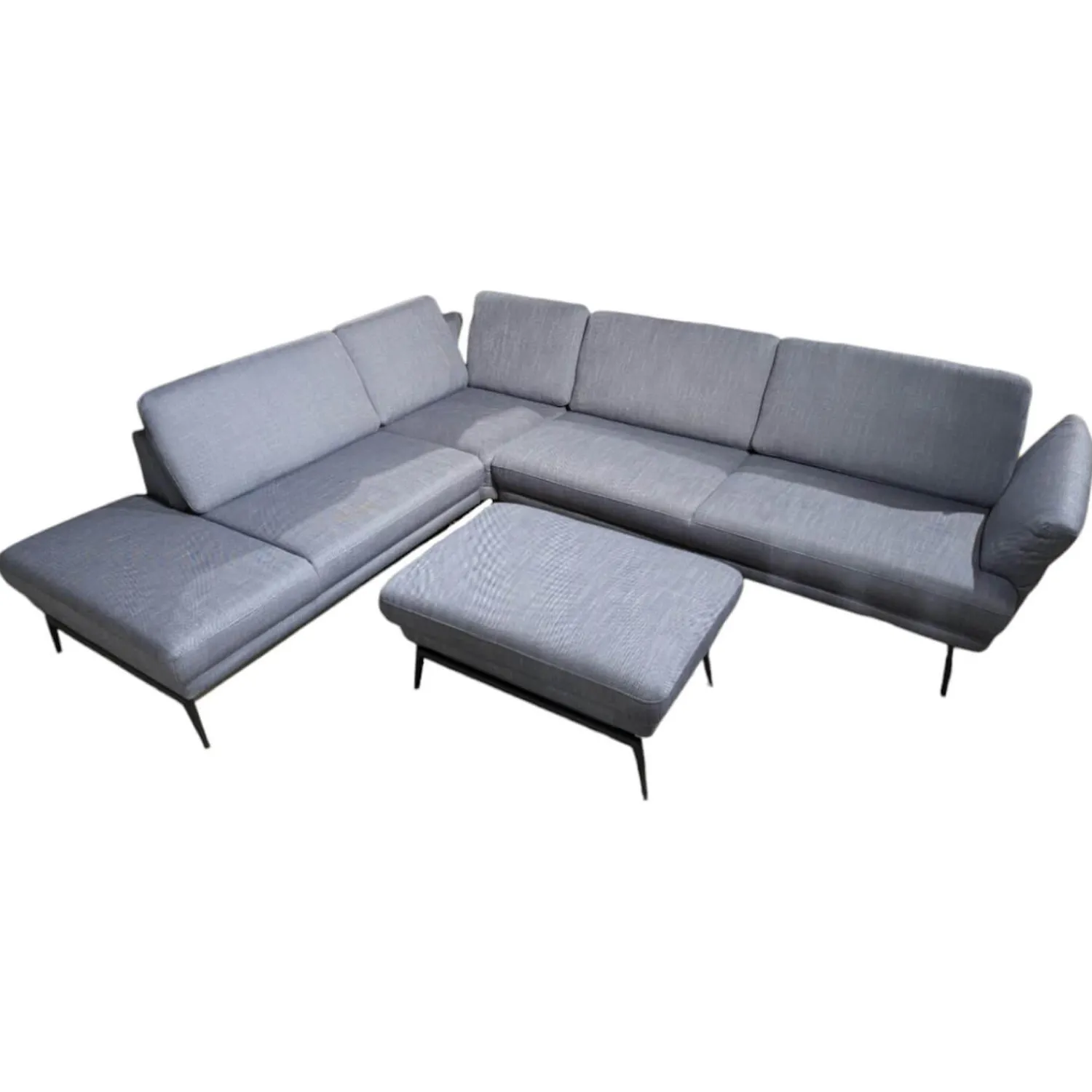 Gruber Ecksofas|Ecksofa Caruba Stoff Elsass Blau Gestell Aluminium Füße Pulverbeschichtet Aluminium Schwarz Mit Manuellen Verstellungen Inklusive Hocker