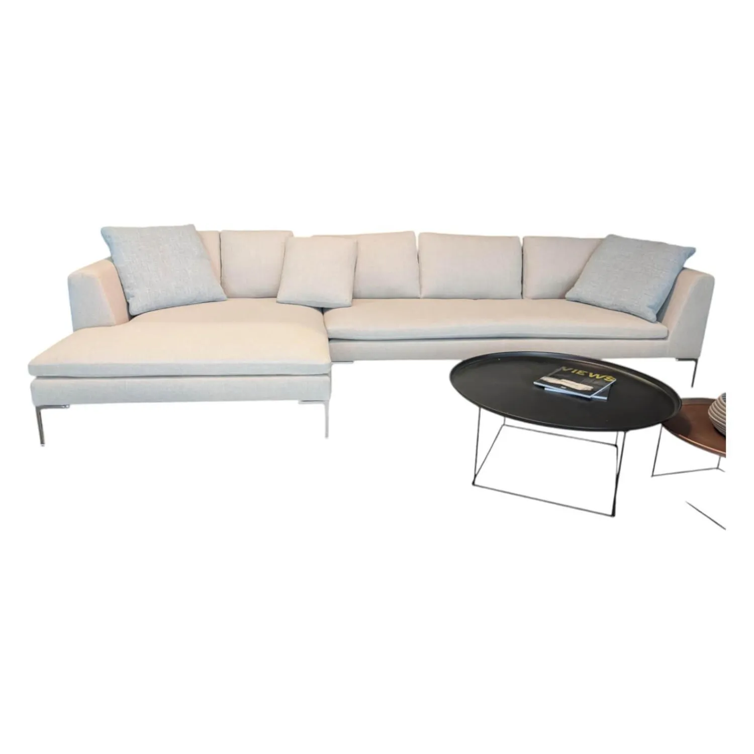 B&B Italia Ecksofas|Ecksofa Charles Stoff Lodi Natur Creme Füße Chrom mit 8 Kissen