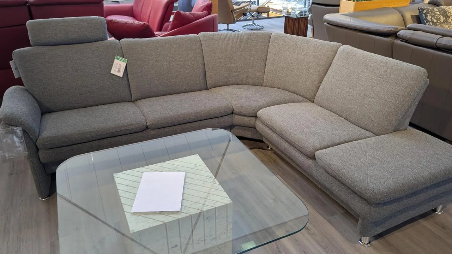 Arco Ecksofas|Ecksofa Chronos Stoff Medusa Rauchblau Grau Blau Metallfuß M01 Poliert Armlehne Klappbar Inklusive Kopfstütze