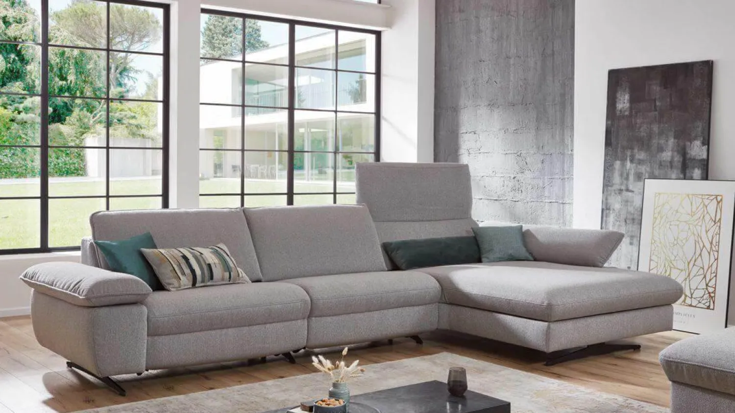 himolla Ecksofas|Ecksofa Comfortmaster Spektra 1487 Stoff Loop 02 Jet Hellgrau Metallkufe Anthrazit Motorisch Verstellbar