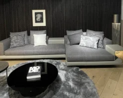 Minotti Ecksofas|Ecksofa Connery Stoff Bright 05 Peltro Grau Gestell Leder Aspen 06 Pomice Grau Mit Ablage Rechts