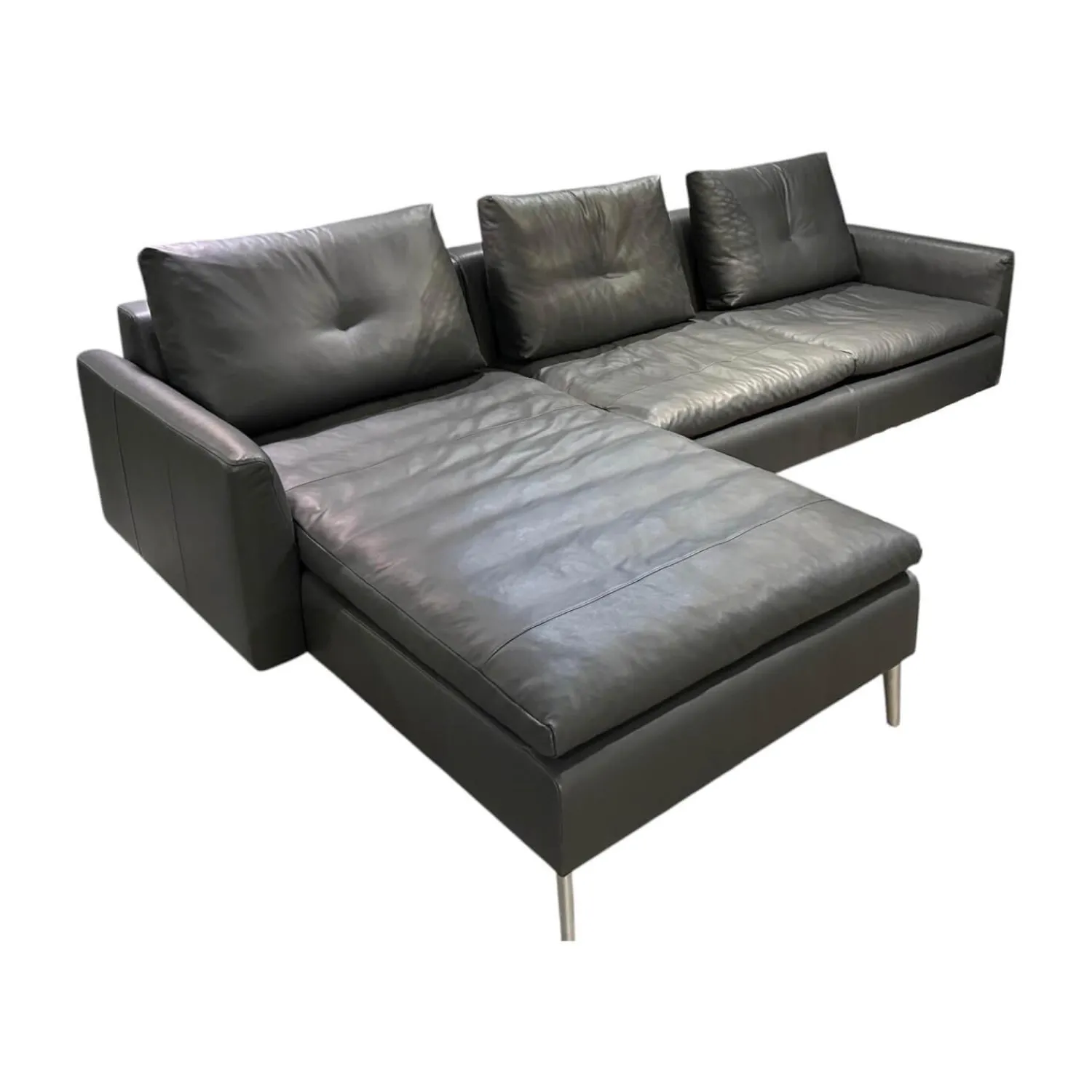 Artanova Ecksofas|Ecksofa Dyo Leder L3162G Silky Grau Fuß Aluminium Matt Gebürstet Mit Wendekissen