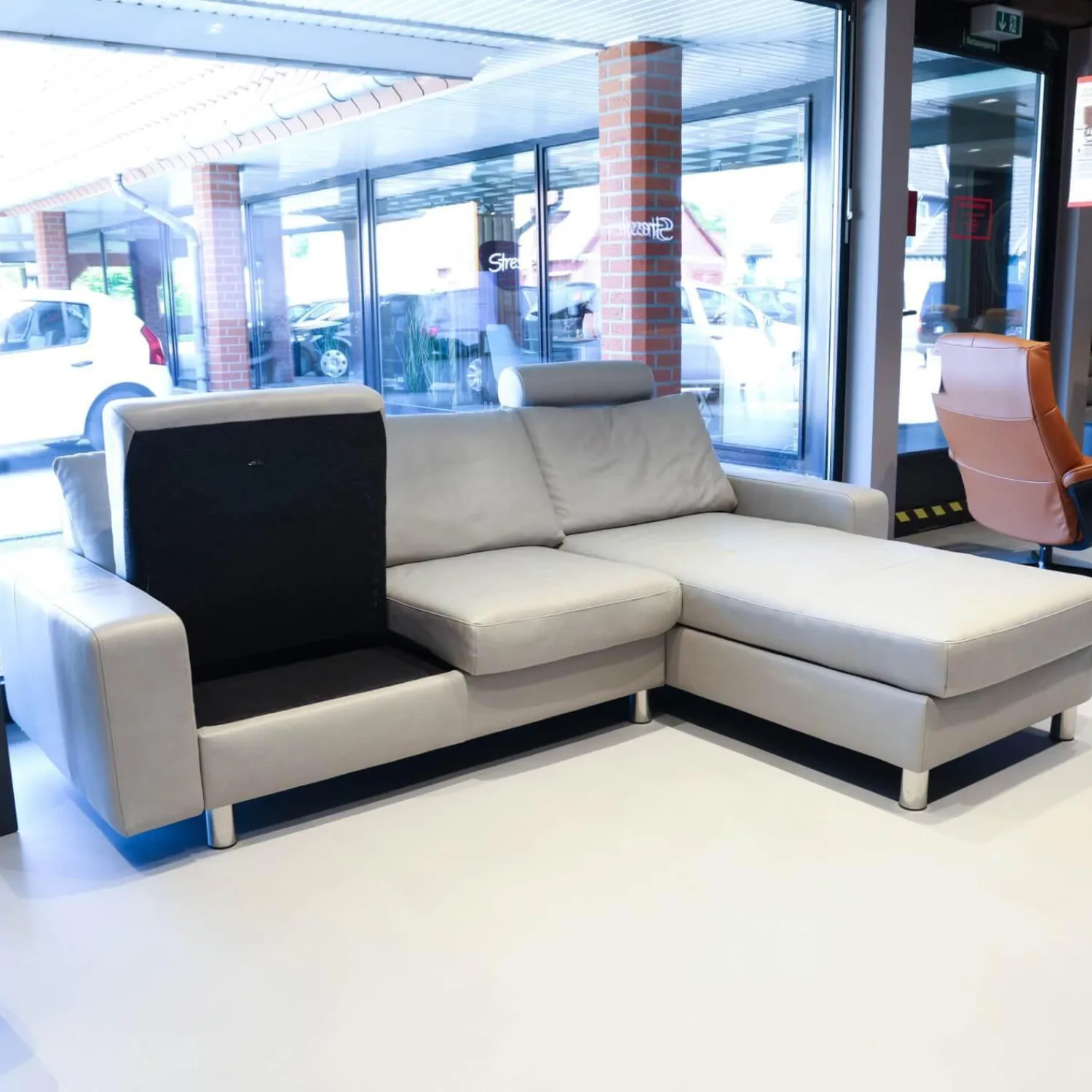 Stressless Ecksofas|Ecksofa Emma E 200 Leder Cori 091 Silver Cloud Hellgrau Fuß Edelstahl 011 Poliert