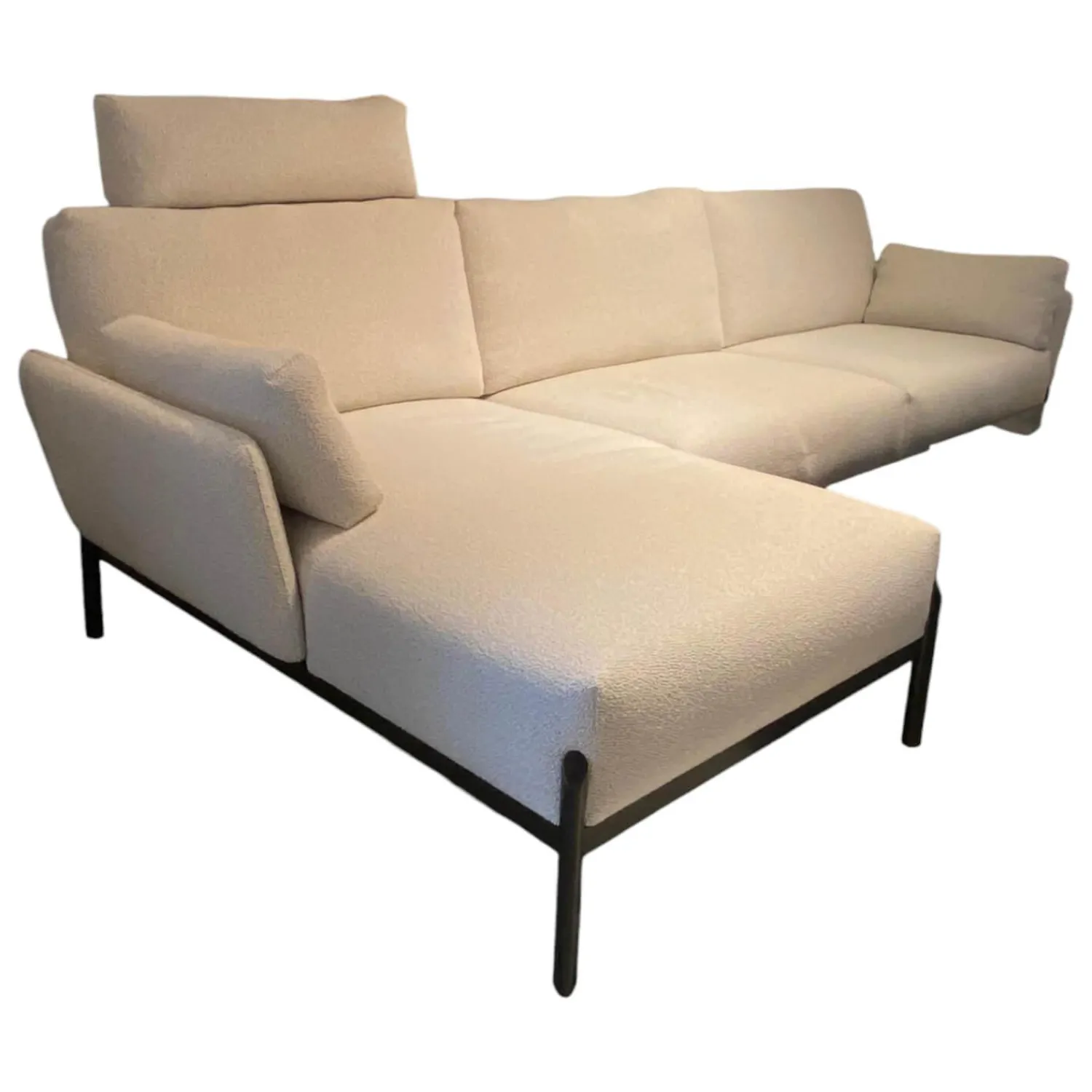 Leolux Ecksofas|Ecksofa Enna Stoff Mondo 020 Bianco Weiß Füße Schwarz mit Kopfstütze