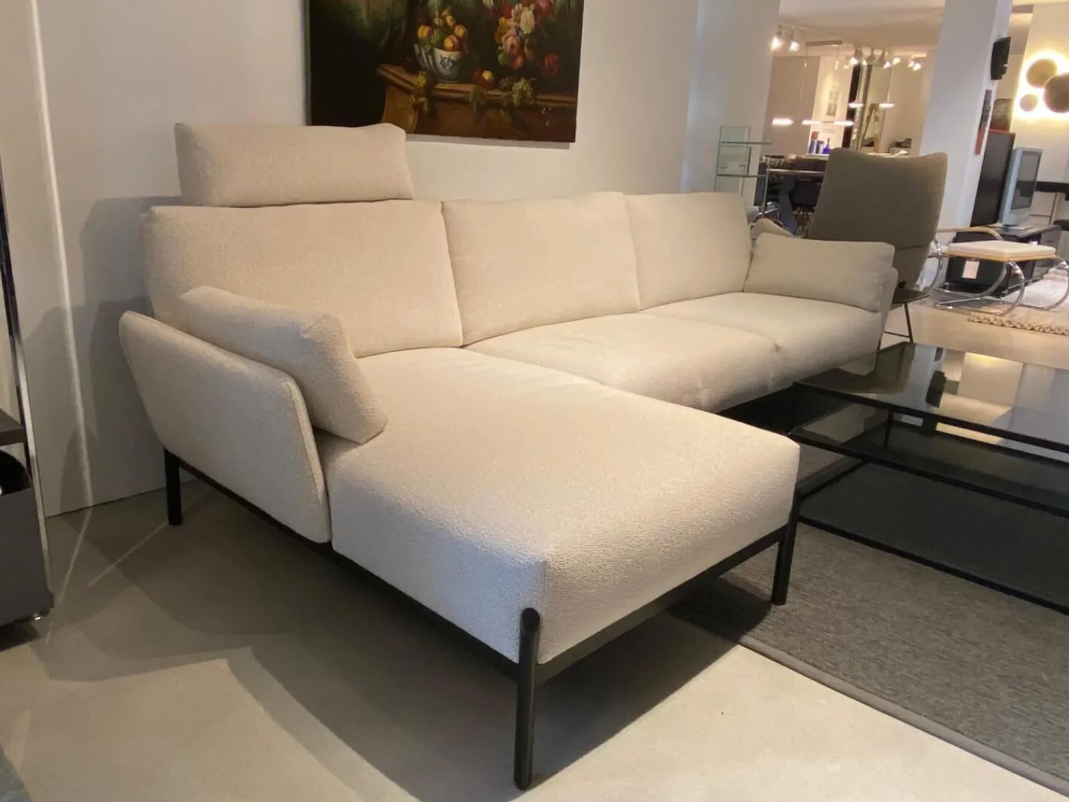 Leolux Ecksofas|Ecksofa Enna Stoff Mondo 020 Bianco Weiß Füße Schwarz mit Kopfstütze
