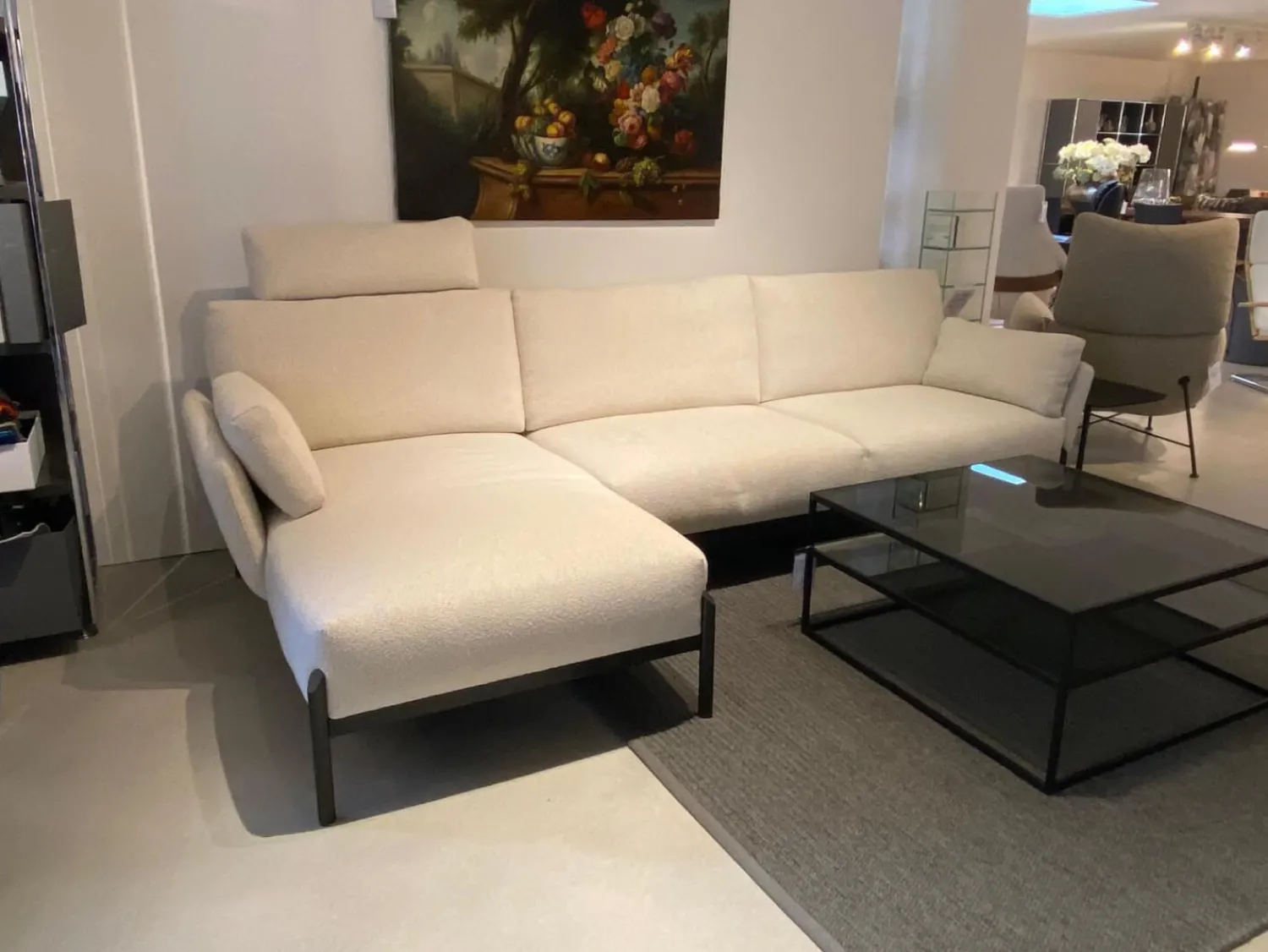 Leolux Ecksofas|Ecksofa Enna Stoff Mondo 020 Bianco Weiß Füße Schwarz mit Kopfstütze