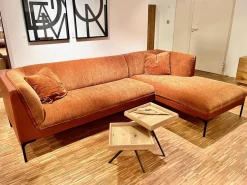 Sits Ecksofas|Ecksofa Frej Stoff Chenille Und Echtleder Cognac Orange Braun Winkelfüße Metall Schwarz