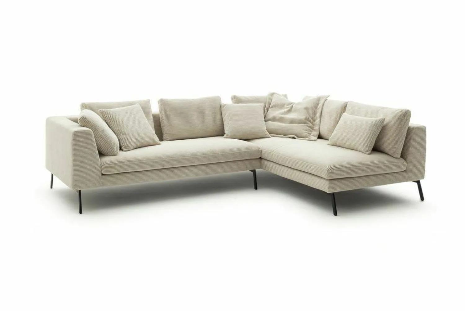 Raum.Freunde Ecksofas|Ecksofa Helmi Stoff Cord Nature Sand Metallfuß Schwarz Matt