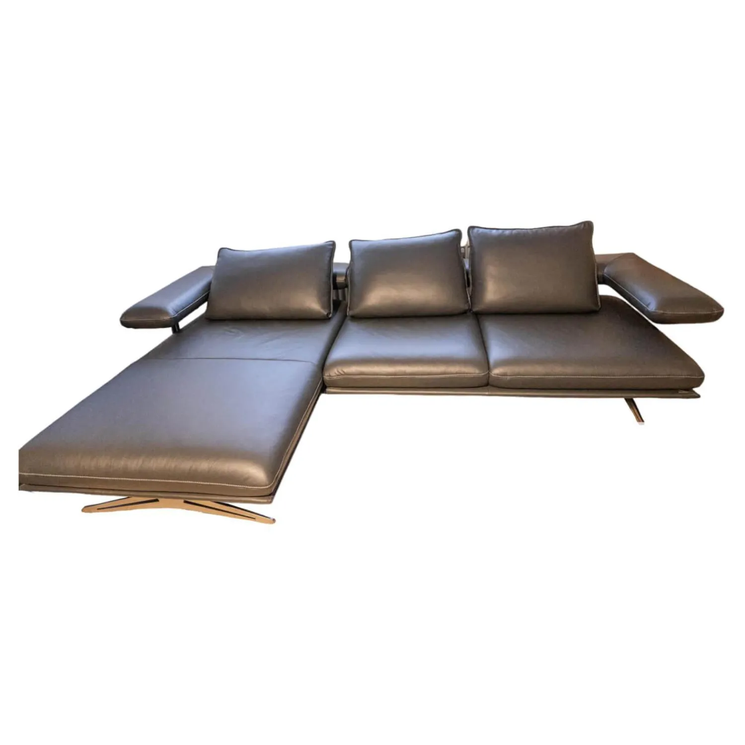 Koinor Ecksofas|Ecksofa Hoover Bezug Leder C Classic Pepper Schwarz Metallkufe Nickel Satiniert Faden 0321 Hellgrau