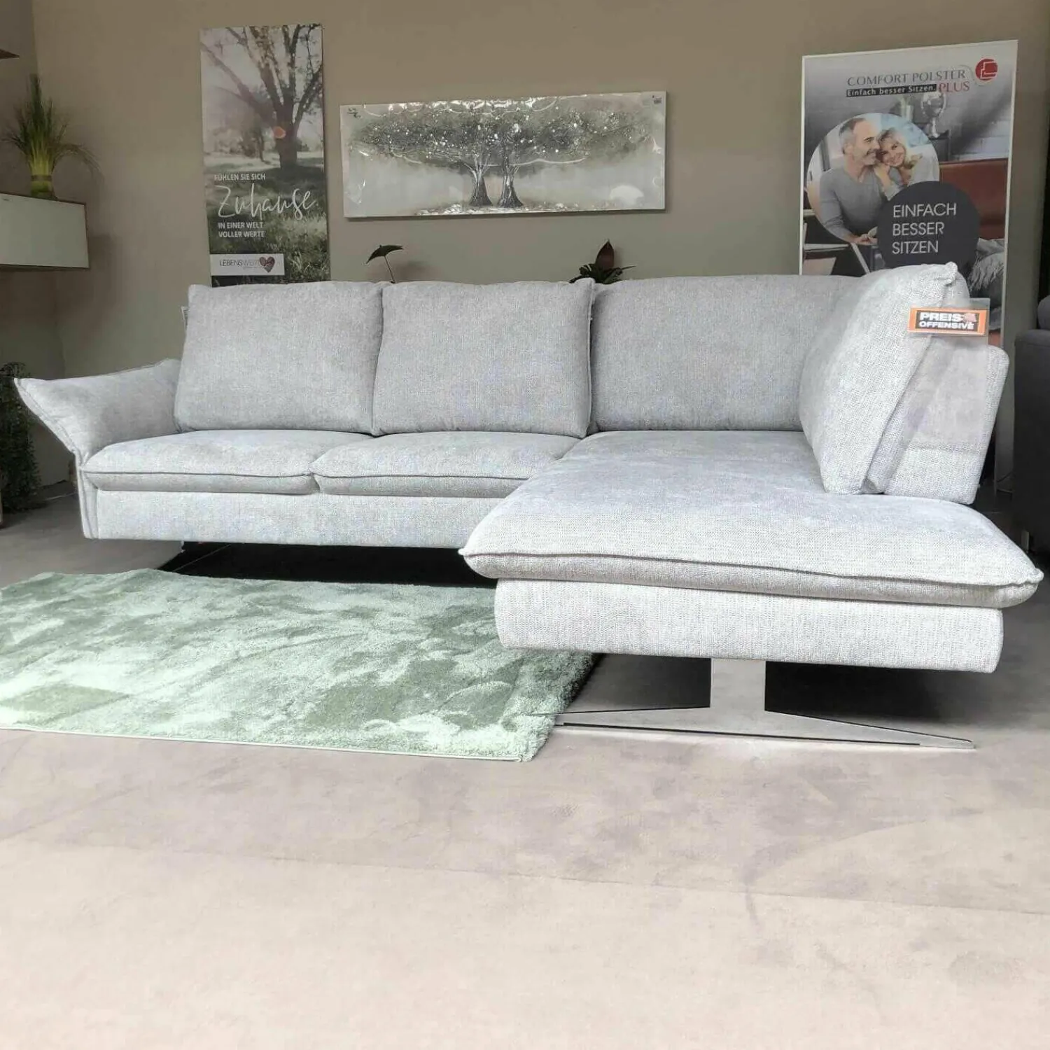 Carina Ecksofas|Ecksofa Lenny Stoff Famous Silver Grau Füße Chrom Glänzend