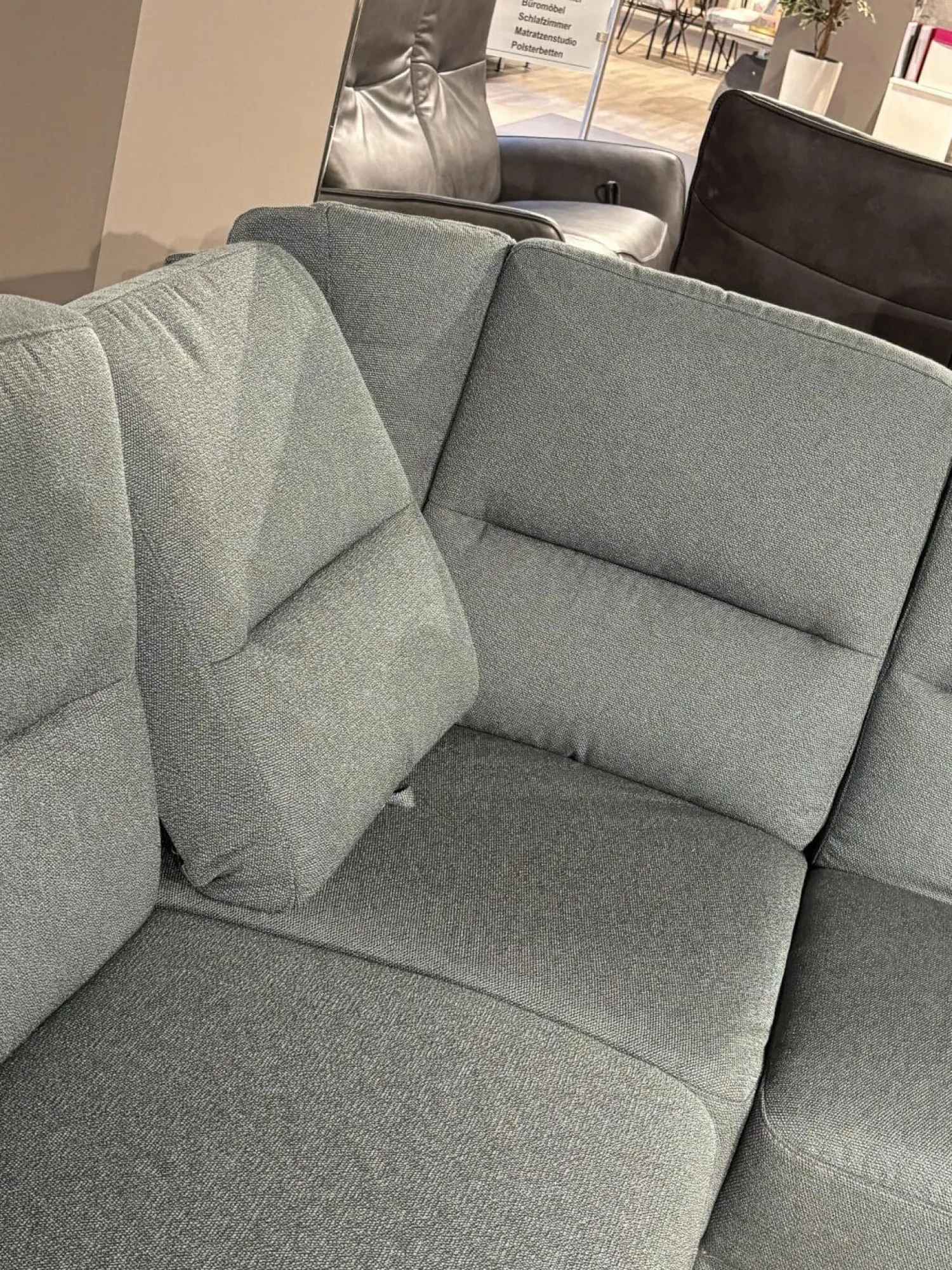 Arco Ecksofas|Ecksofa Nassau Stoff Q2 Melite Gletscher Grün Grau Fuß Eiche Geölt