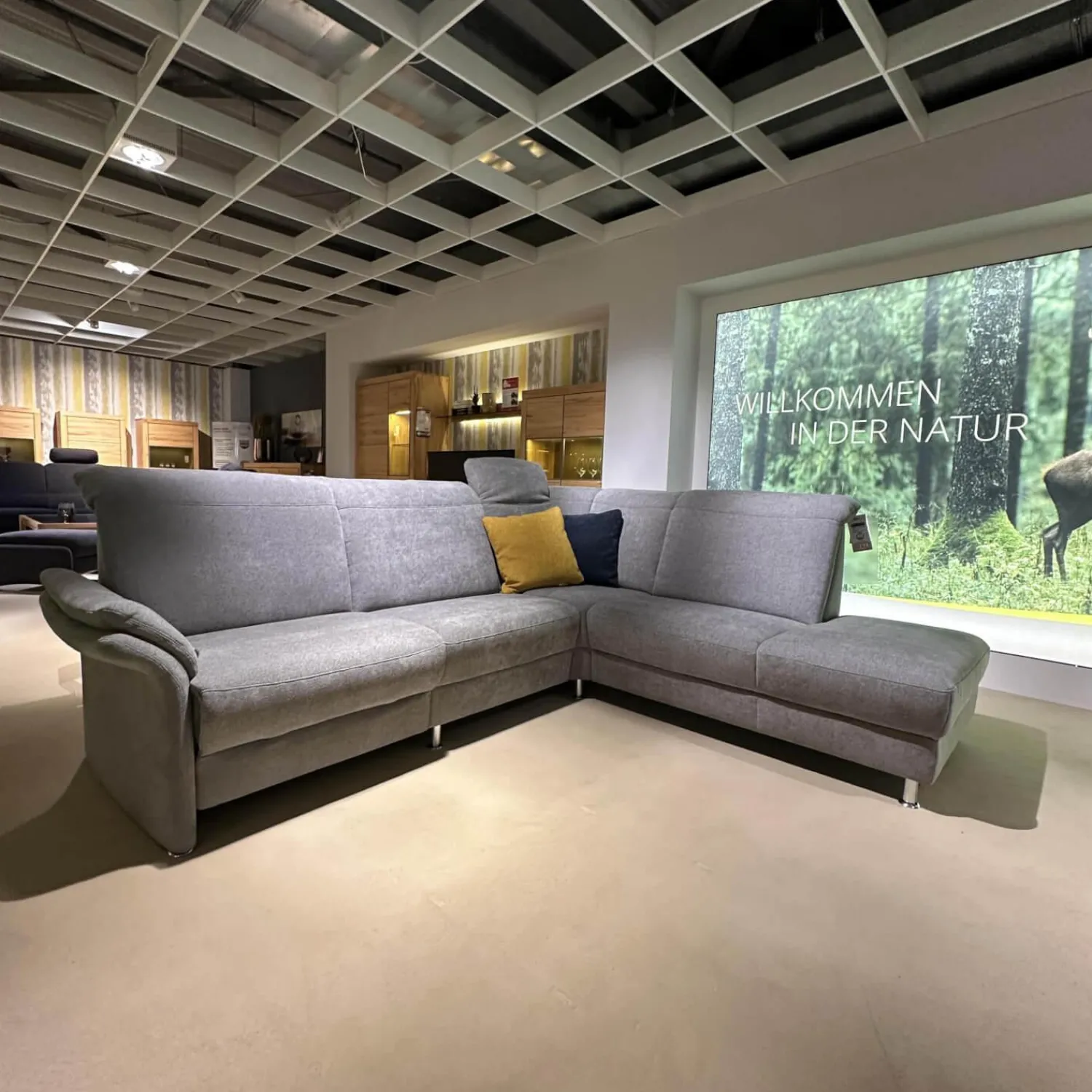 Arco Ecksofas|Ecksofa Neapel Stoff 5802 084 Quarz Hellgrau Federkern Füße Metall Mit Dekokissen