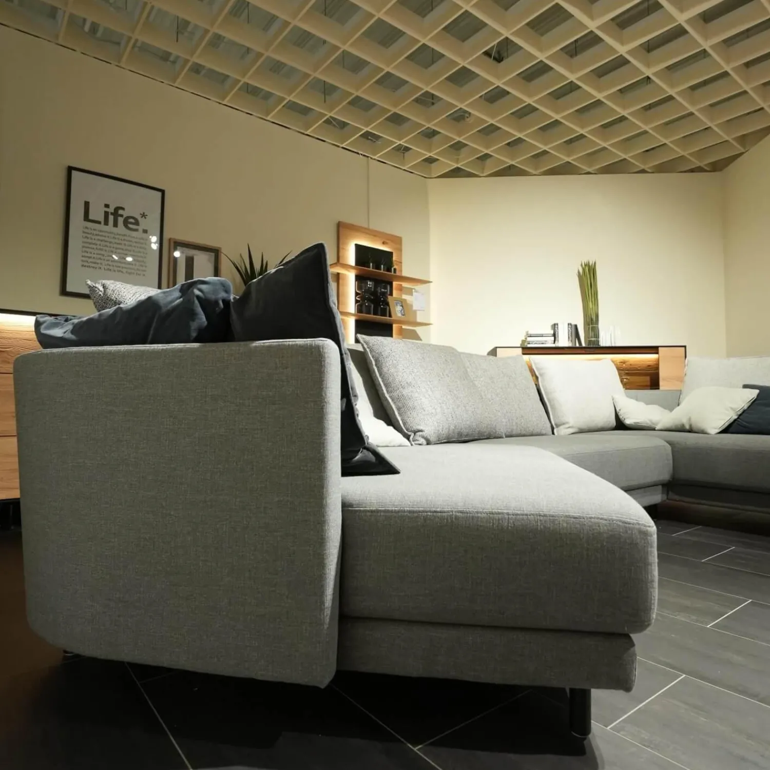 Rolf Benz Wohnlandschaften|Ecksofa Onda Stoff 14 164 Eisengrau Holzfuß Eiche Schwarz Gebeizt Inklusive Kissen