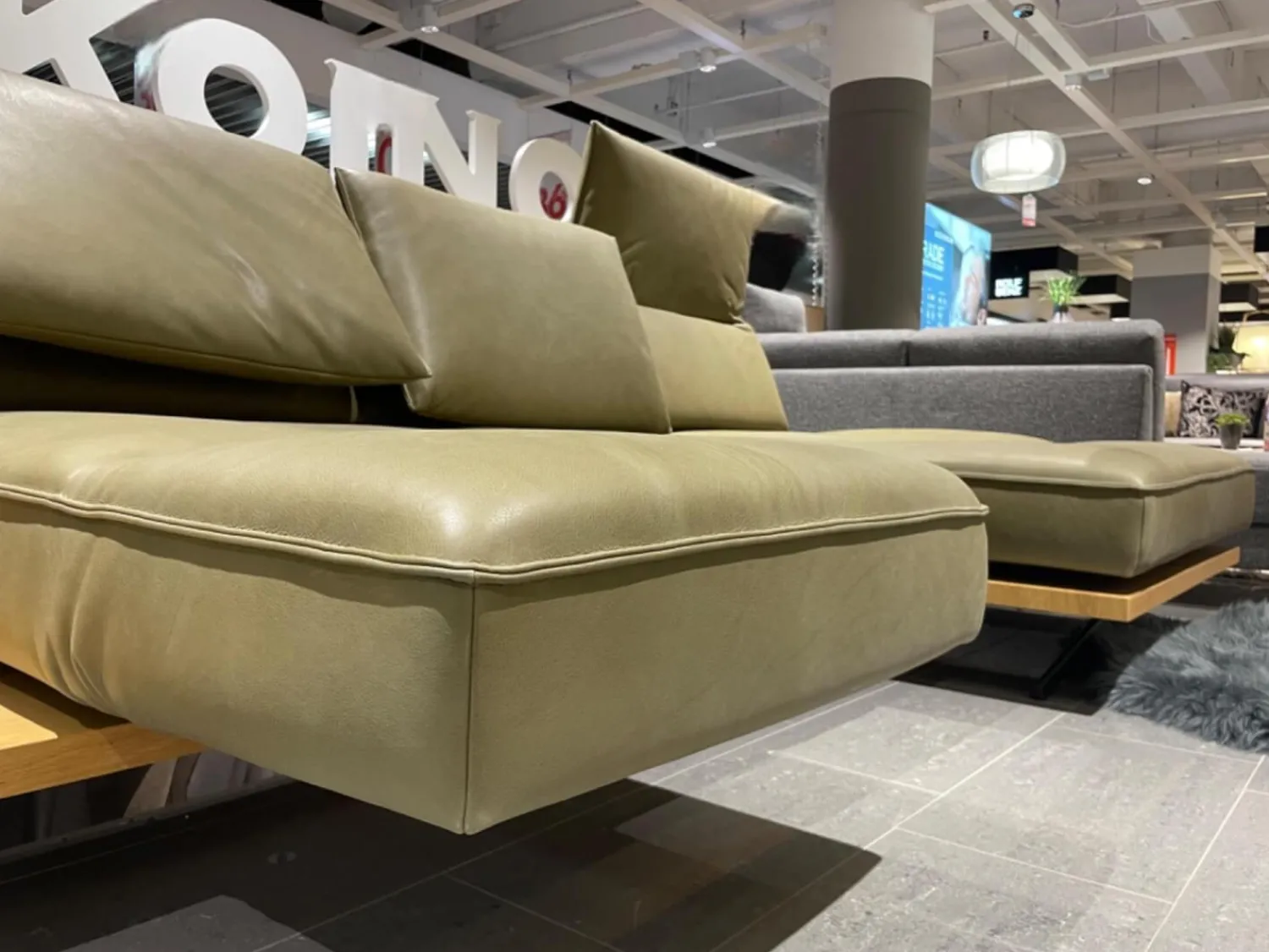 Koinor Ecksofas|Ecksofa Phoenix Leder B Toro Cactus Grün Plateau Wildeiche Furniert Gestell Aluminium Schwertkufe