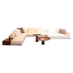 Minotti Ecksofas|Ecksofa Roger Suite Spring Stoff Natte 01 Bianco Beige Mit Kissen und Ablage aus Palisander