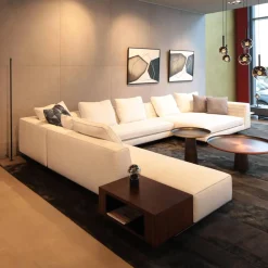 Minotti Ecksofas|Ecksofa Roger Suite Spring Stoff Natte 01 Bianco Beige Mit Kissen und Ablage aus Palisander