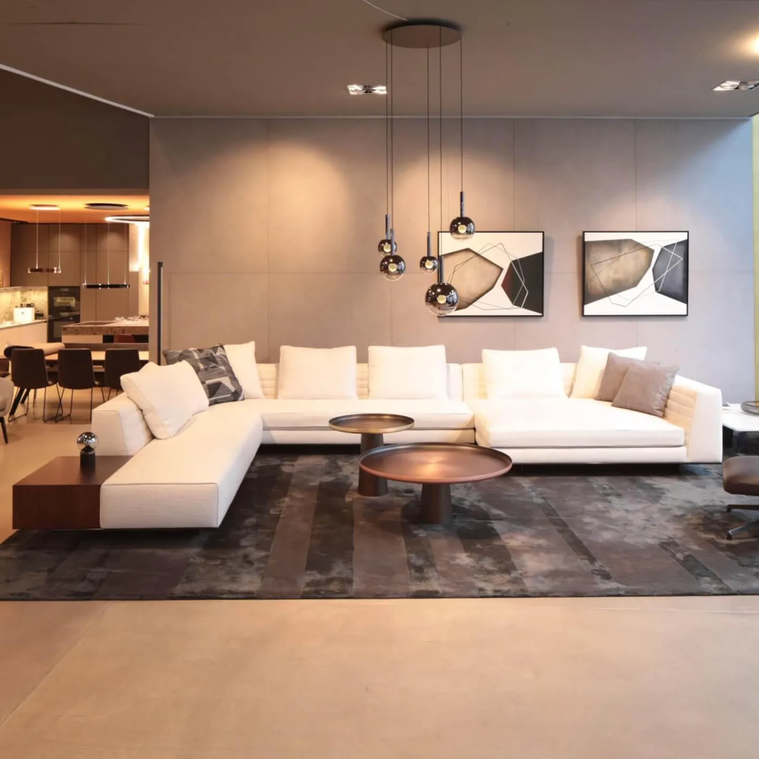 Minotti Ecksofas|Ecksofa Roger Suite Spring Stoff Natte 01 Bianco Beige Mit Kissen und Ablage aus Palisander