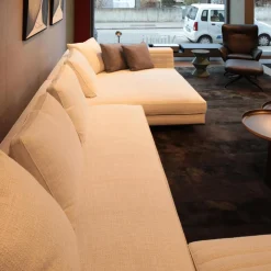 Minotti Ecksofas|Ecksofa Roger Suite Spring Stoff Natte 01 Bianco Beige Mit Kissen und Ablage aus Palisander