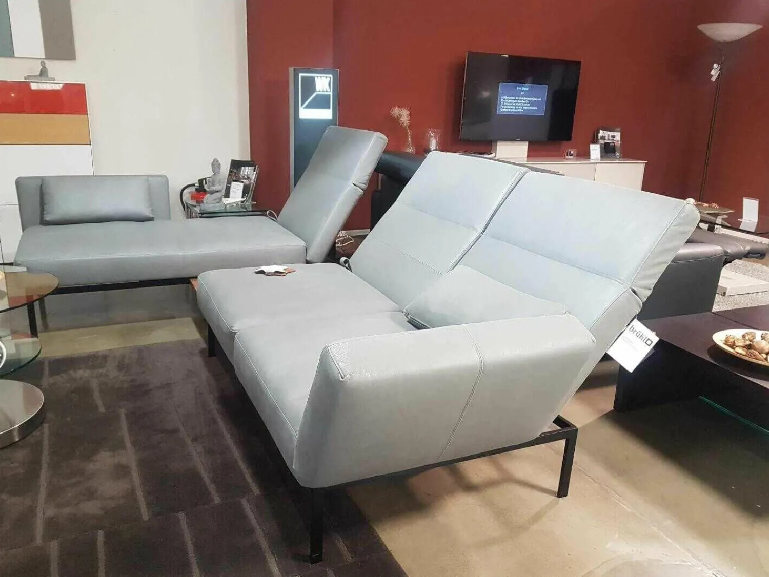 Brühl Ecksofas|Ecksofa Roro Leder Taron Grau Mit Andocktisch Nussbaum Geölt