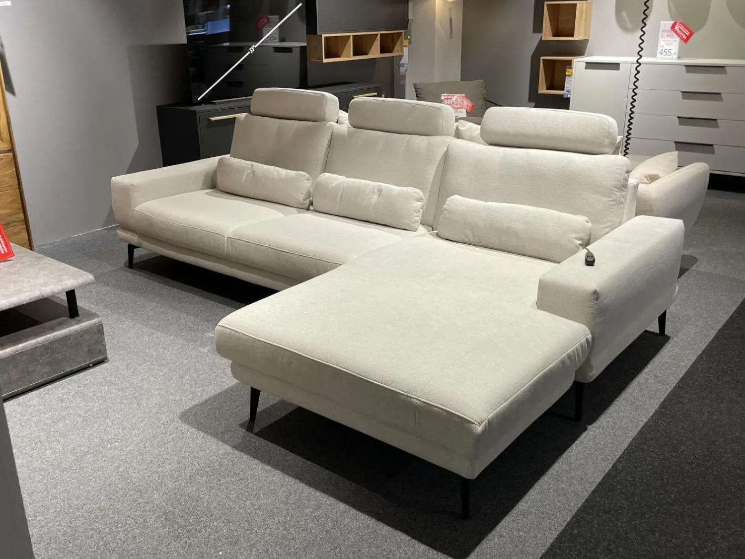 set one by Musterring Ecksofas|Ecksofa SO 3600 Stoff Calido Natur SG2 Metallfuß Schwarz mit Kissen und Sitztiefenverstellung