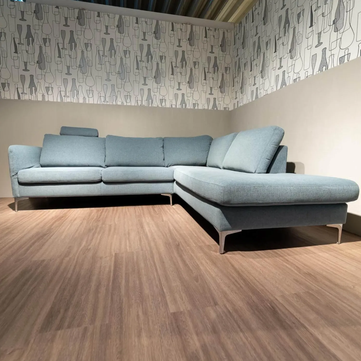 Schöner Wohnen-Kollektion Ecksofas|Ecksofa Timeless 7141 5453 Bezug Stoff Trend Light Blue Hellblau Metallfuß Chrombeschichtet Mit Kopfstütze