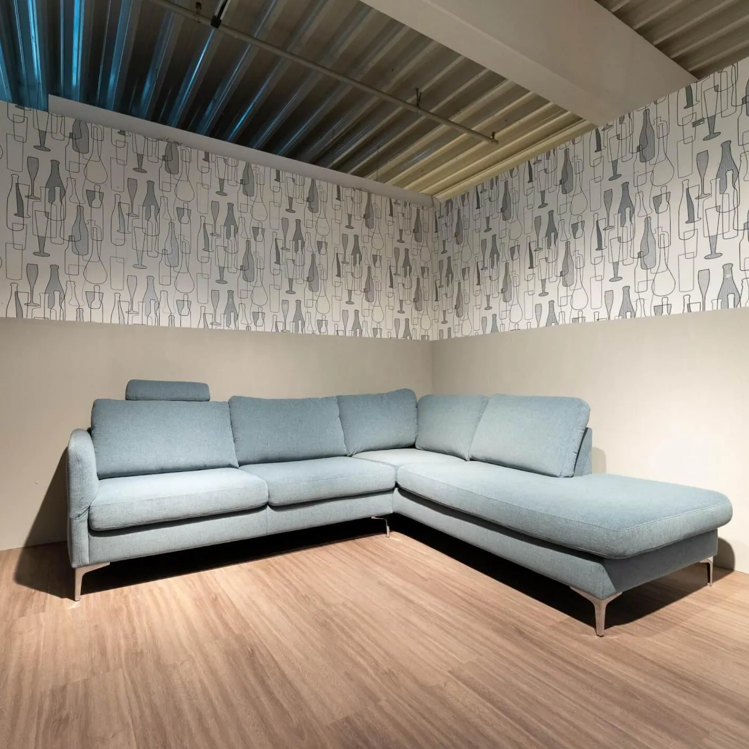 Schöner Wohnen-Kollektion Ecksofas|Ecksofa Timeless 7141 5453 Bezug Stoff Trend Light Blue Hellblau Metallfuß Chrombeschichtet Mit Kopfstütze