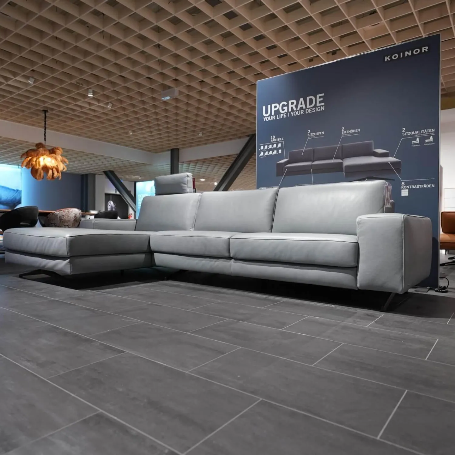 Koinor Ecksofas|Ecksofa Upgrade Leder B-Toro Colorado Faden 0321 Hellgrau