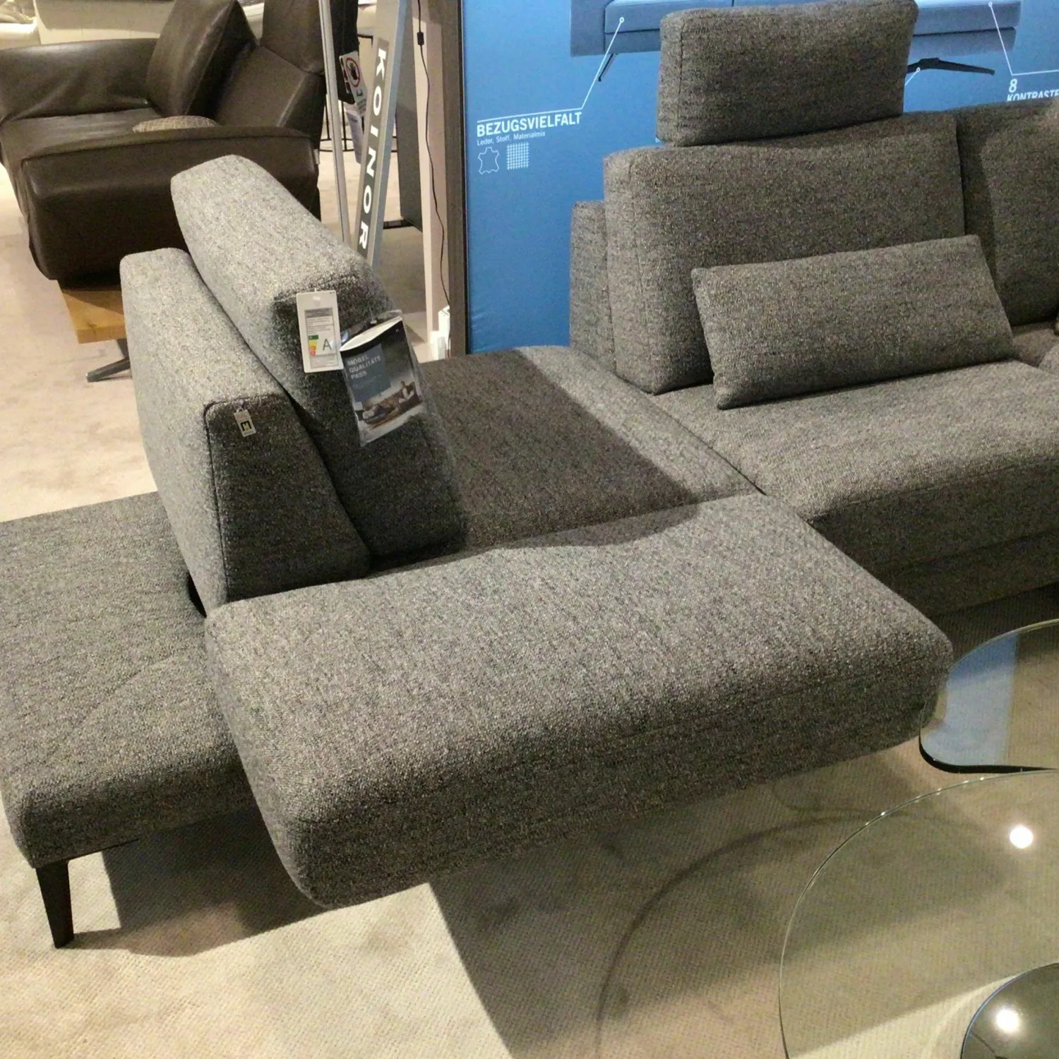 Koinor Ecksofas|Ecksofa Upgrade Textilgewebe Laos 95 Grau Metallfüße Matt Schwarz Lackiert