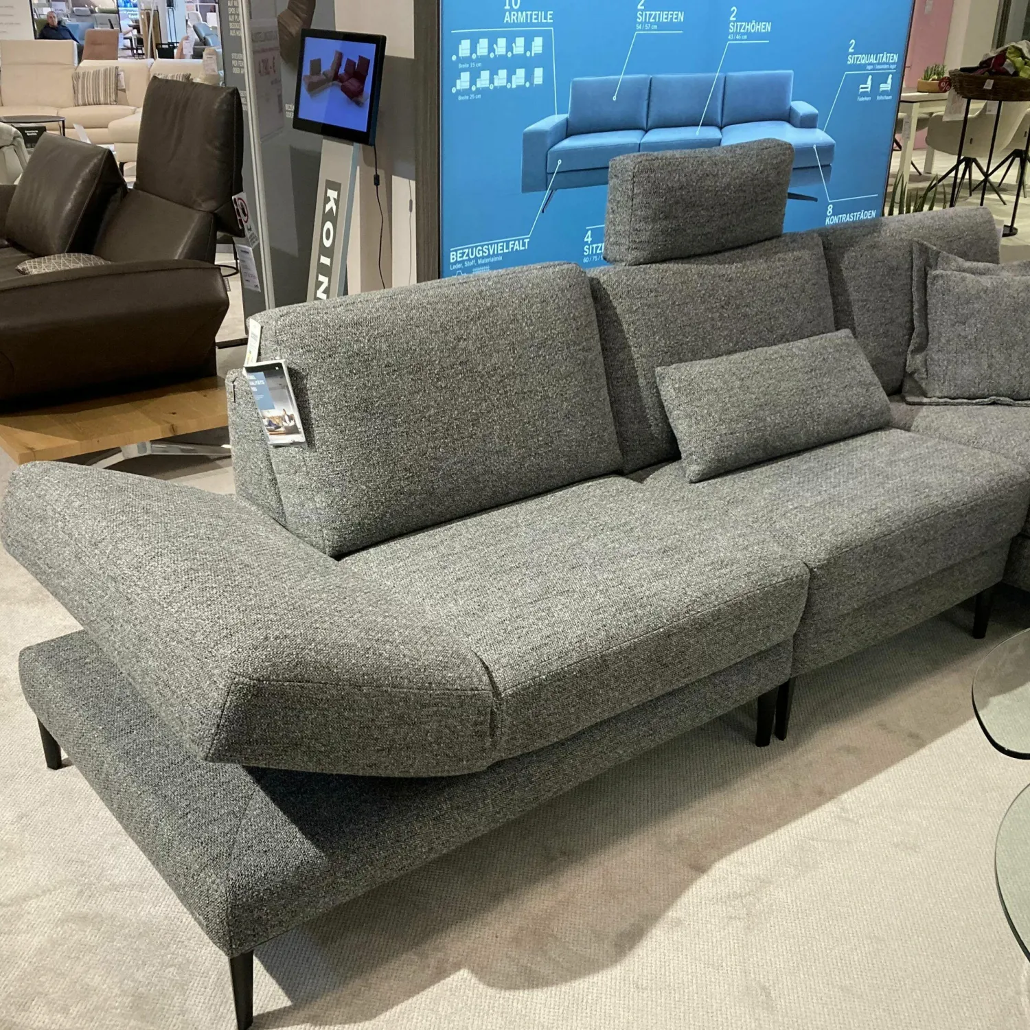 Koinor Ecksofas|Ecksofa Upgrade Textilgewebe Laos 95 Grau Metallfüße Matt Schwarz Lackiert