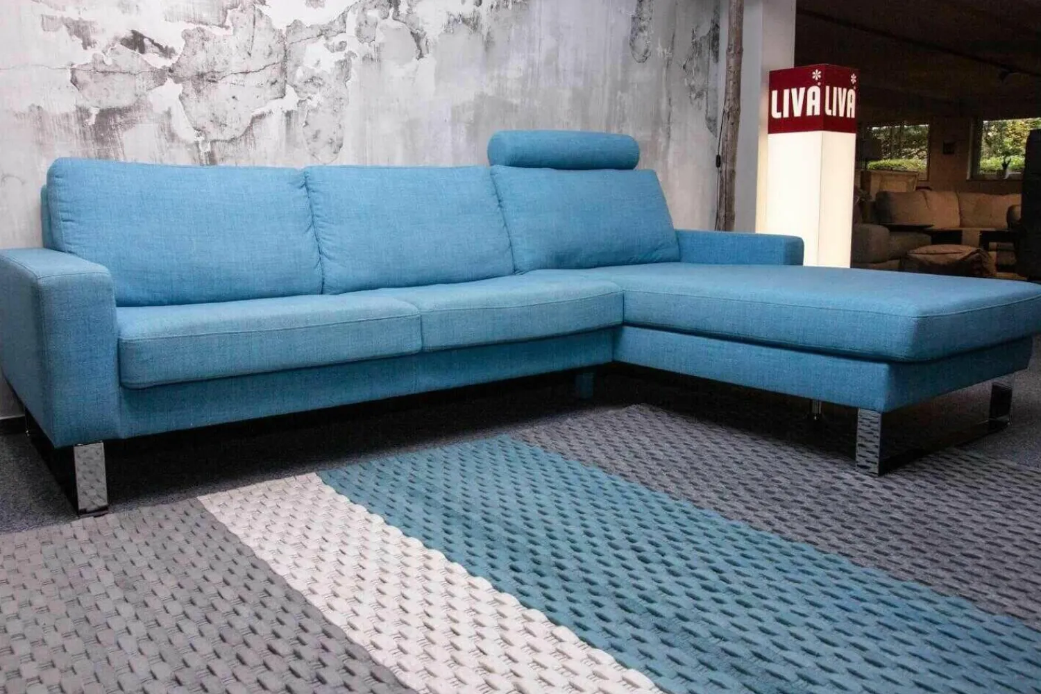 Nolte Ecksofas|Ecksofa Variant Stoff 14 Wollny HellblauFüße Chrom mit Kopfstütze