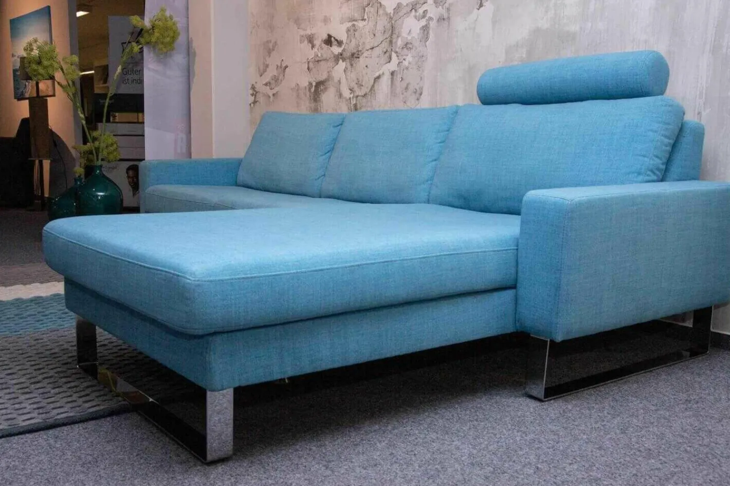 Nolte Ecksofas|Ecksofa Variant Stoff 14 Wollny HellblauFüße Chrom mit Kopfstütze
