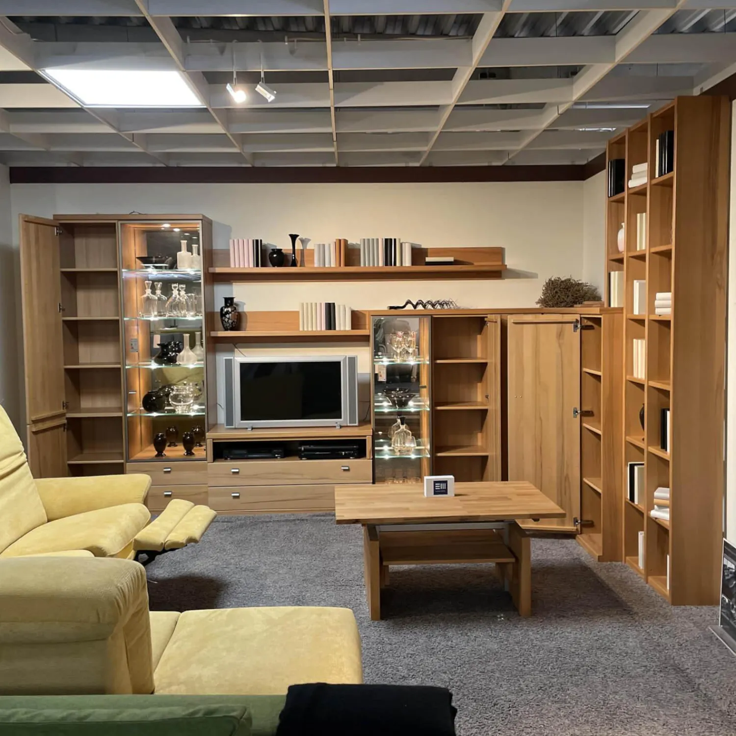 Rietberger Möbelwerke Wohnwände & Tv-Lowboards|Eck-Wohnwand FINO Kernbuche Furniert Mit Glaselementen Und Spiegelrückwänden