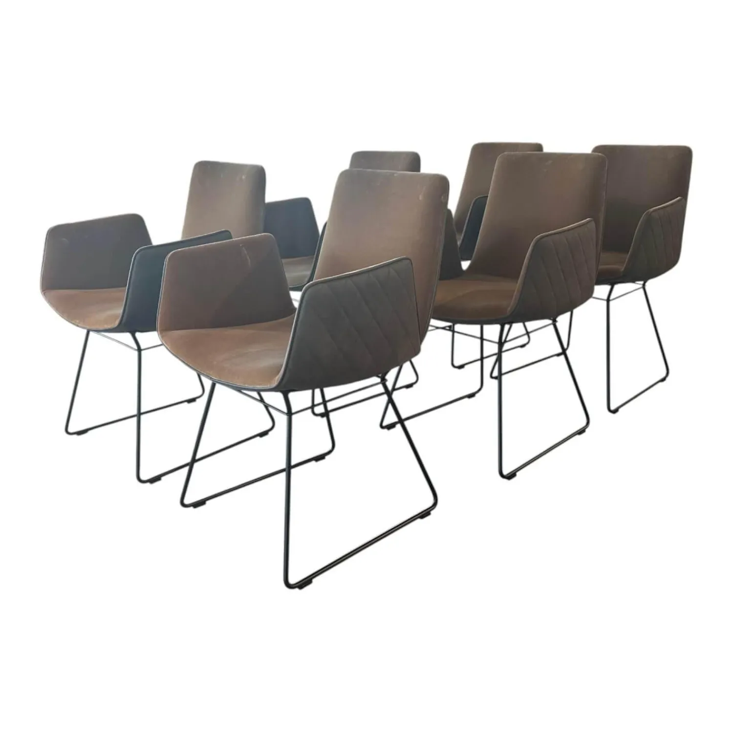 Freifrau Stuhlsets|6er Set Armlehnstuhl Amelie High Außen Leder Muscat Coffee Braun Grau Innen Stoff Harald 3 Braun Drahtgestell Tiefschwarz Schwarz