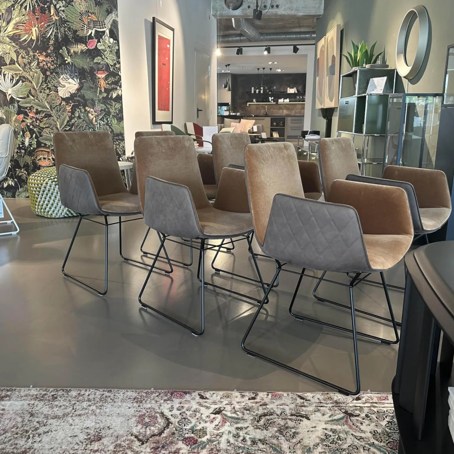 Freifrau Stuhlsets|6er Set Armlehnstuhl Amelie High Außen Leder Muscat Coffee Braun Grau Innen Stoff Harald 3 Braun Drahtgestell Tiefschwarz Schwarz