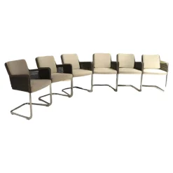 Tecta Stuhlsets|6-er Set Armlehnstuhl D43 Polstersitz Geflechtschale Taupe Grau Gestell Stahlrohr Verchromt Tube Aplati