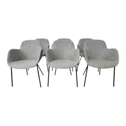 Walter Knoll Stuhlsets|6er Set Armlehnstuhl Sheru 1435 Stoff Togba 7854 Pebble Grau Gestell Metall Pulverbeschichtet Schwarz Matt Mit Gleitern
