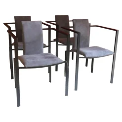 KFF Stuhlsets|4er Set Armlehnstuhl Trik Bezug Alcantara Leder Grau Gestell Metall Schwarz