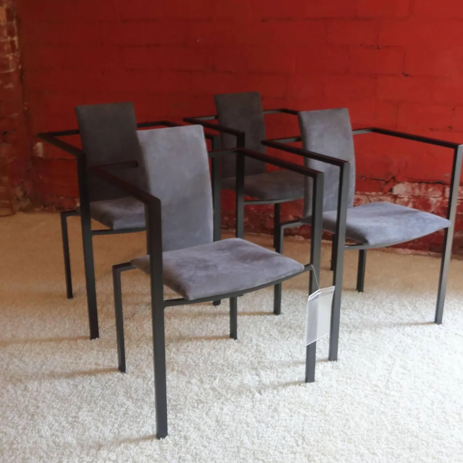 KFF Stuhlsets|4er Set Armlehnstuhl Trik Bezug Alcantara Leder Grau Gestell Metall Schwarz