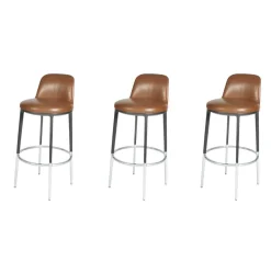 B&B Italia Barhocker & Barstühle|3-er Set Barhocker Caratos Drehbar Leder Cognac Untere Basis Aluminium Poliert