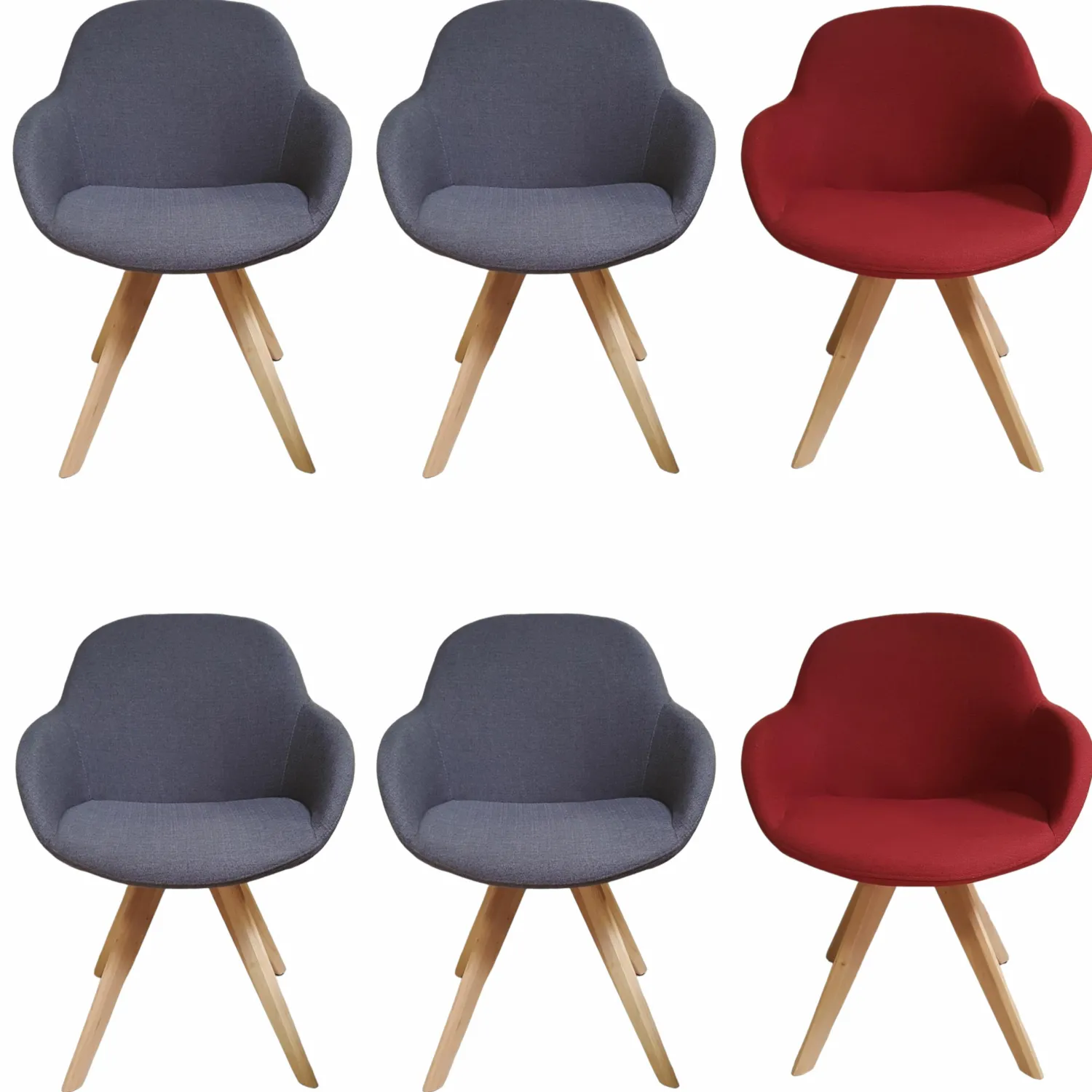 Niehoff Stuhlsets|4er Set Coppa 4 Schalensessel Stoff Messina Grau und Rot Gestell Eiche Bianco Massiv