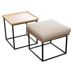 Rolf Benz Couchtische|2-er Set Couchtisch Tischplatte Massiv Eiche Farblos Lackiert Gestell Stahl Lack Matt Verkehrsschwarz RAL 9017 ohne Kissen