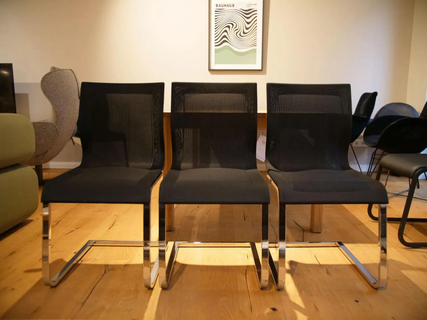 Team 7 Stuhlsets|3er Set Freischwinger Magnum Stricktex Schwarz Gestell Chrom Glänzend Ohne Armlehne