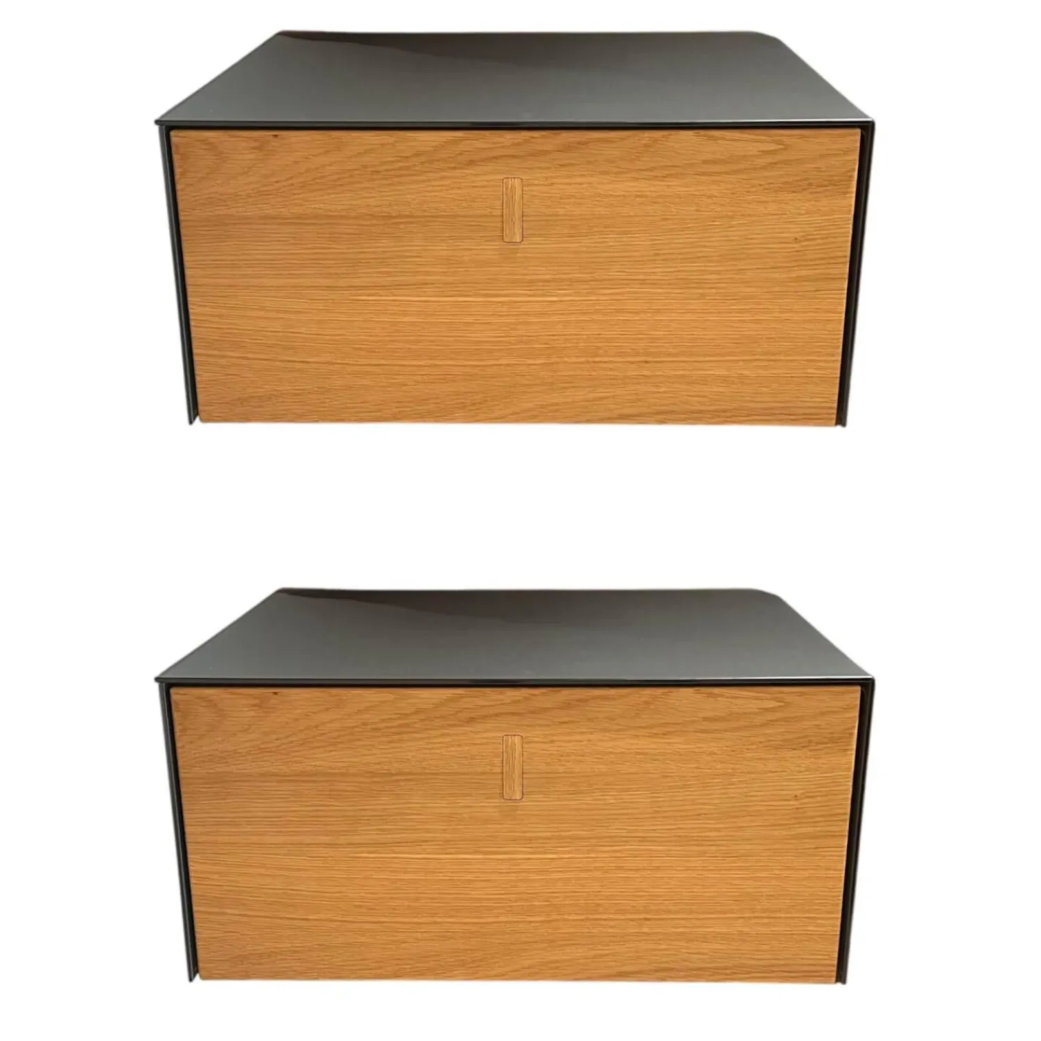 Team 7 Nachttische|2er Set Nachtkästchen Front Eiche Geölt Farbglas Stahl Grau Matt Mit Klappgriff Holz