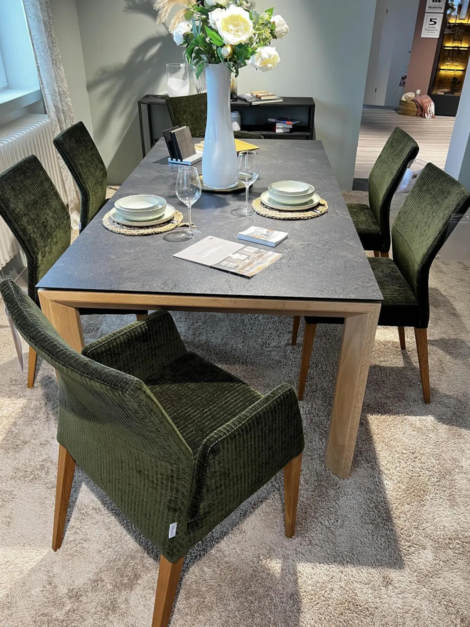 Natura Stuhlsets|6er Set Stuhl Carry Stoff Chaves Forest Grün Gestell Eiche 32 Geölt