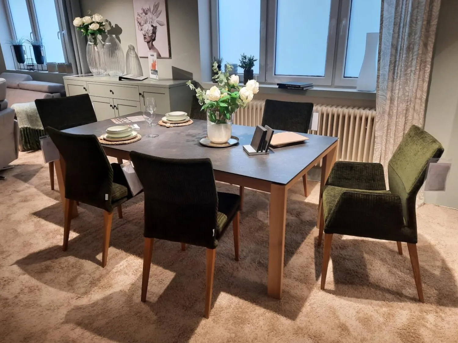 Natura Stuhlsets|6er Set Stuhl Carry Stoff Chaves Forest Grün Gestell Eiche 32 Geölt